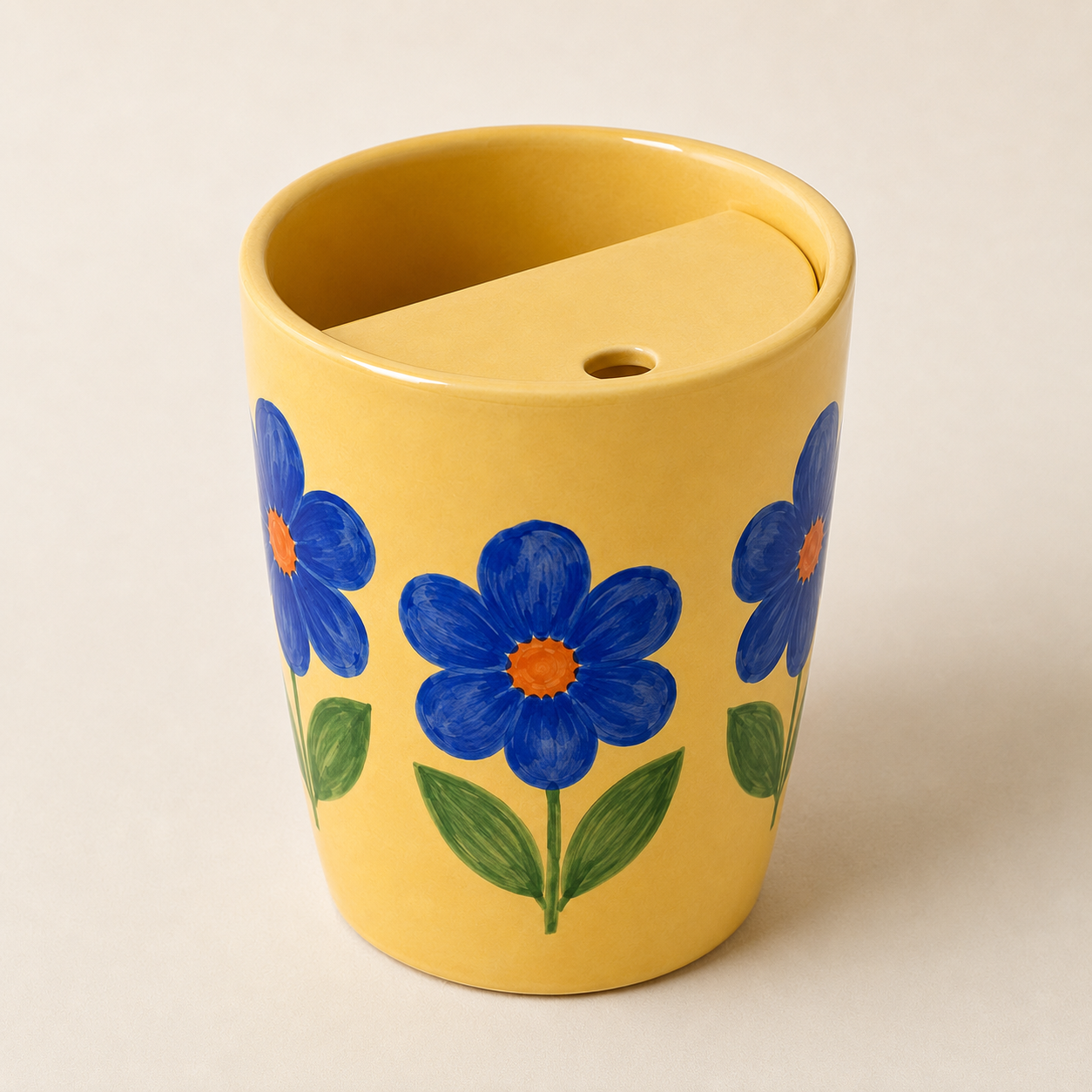 Yellow Blue Flower Handmade Ceramic Travel Mug