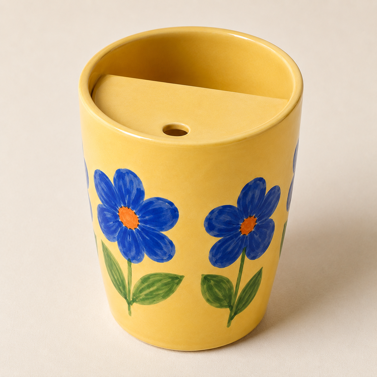 Yellow Blue Flower Handmade Ceramic Travel Mug