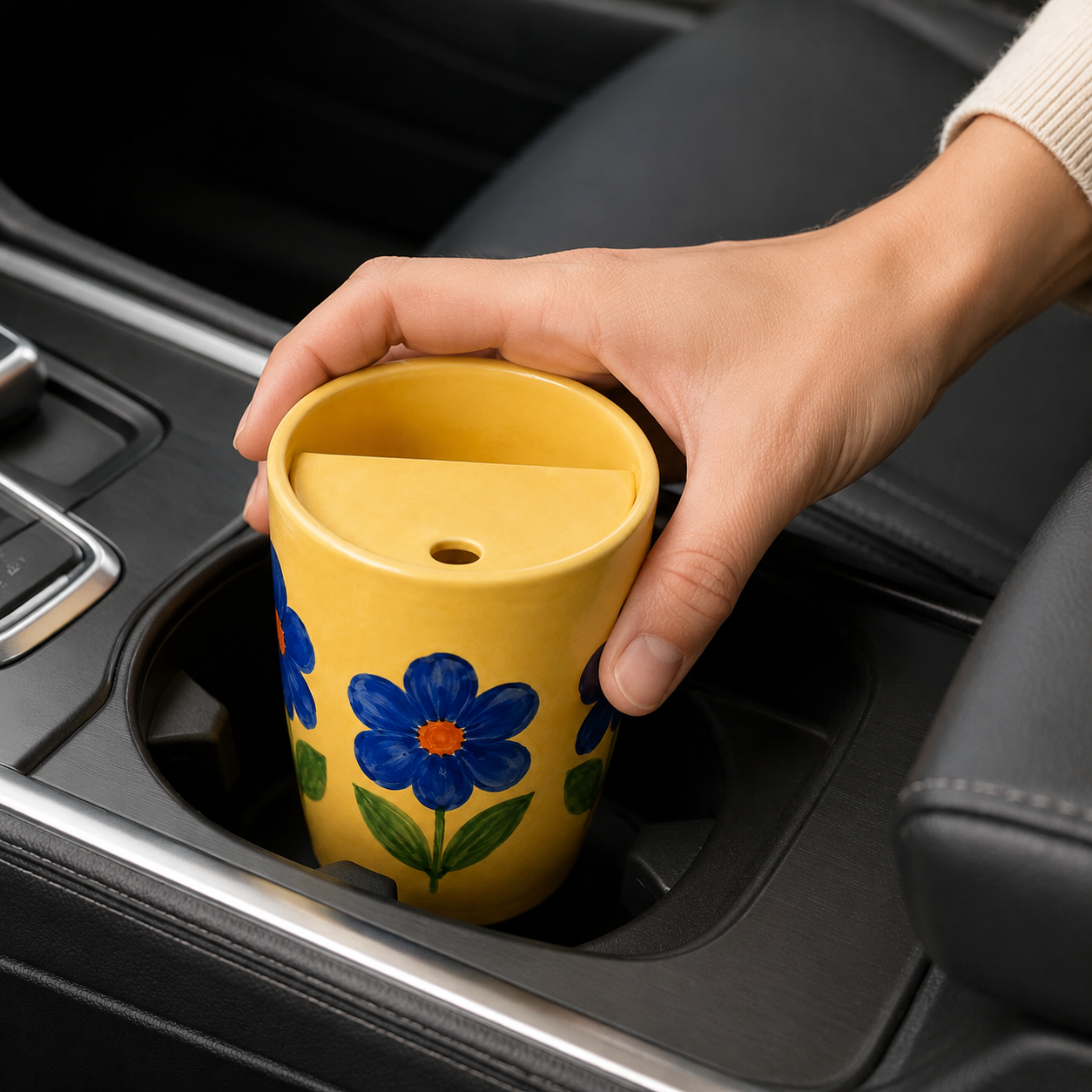 Yellow Blue Flower Handmade Ceramic Travel Mug
