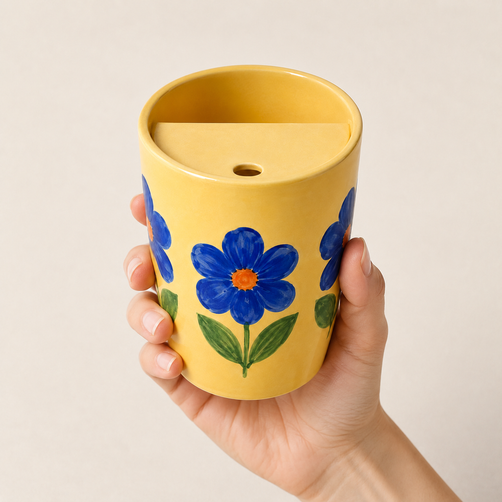 Yellow Blue Flower Handmade Ceramic Travel Mug