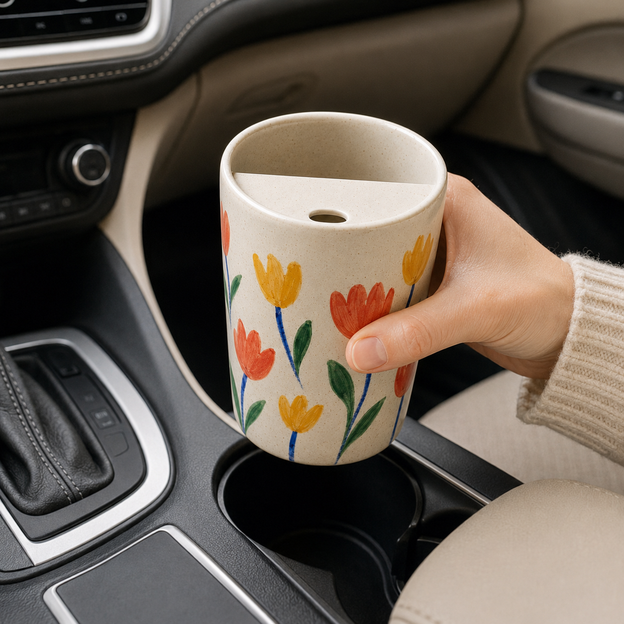 Joyful Tulip Hand-Painted Ceramic Travel Mug