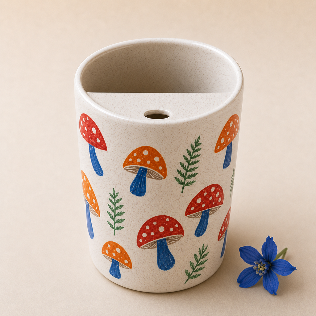 Sunny Mushroom Meadow Ceramic Travel Mug