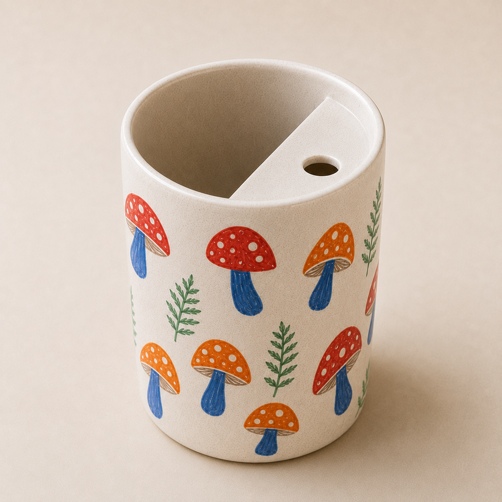 Sunny Mushroom Meadow Ceramic Travel Mug