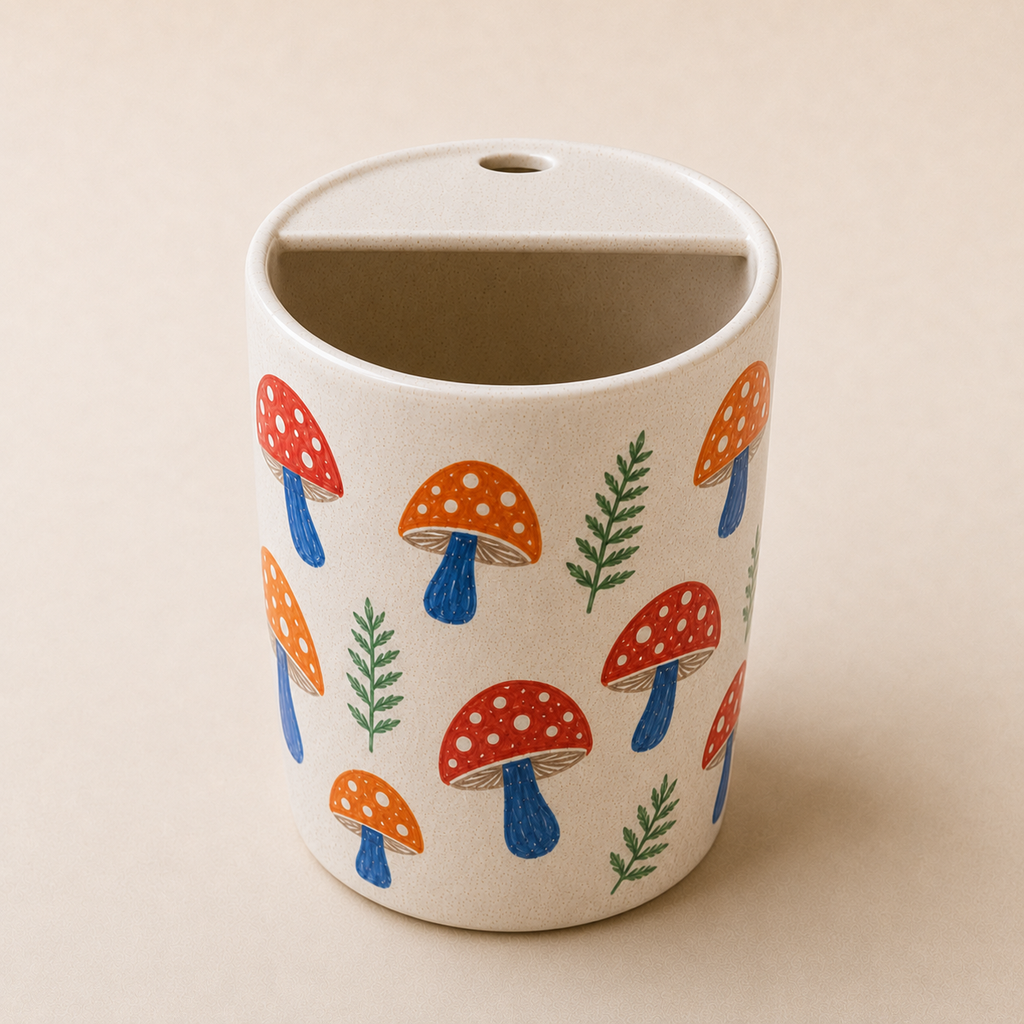 Sunny Mushroom Meadow Ceramic Travel Mug