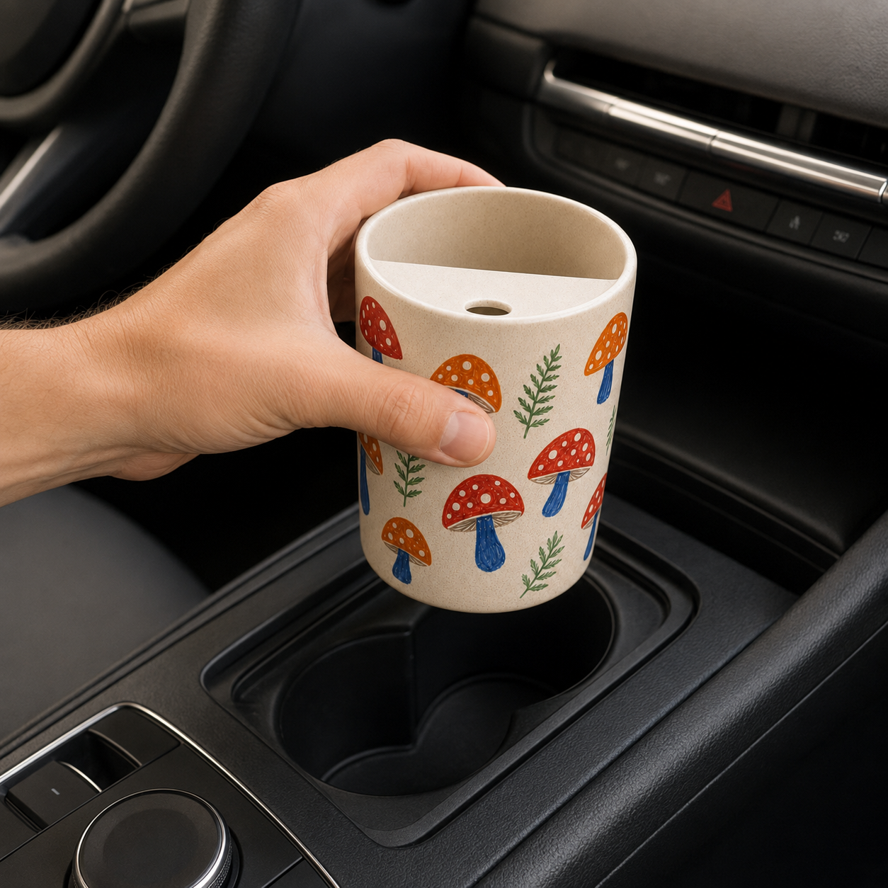 Sunny Mushroom Meadow Ceramic Travel Mug