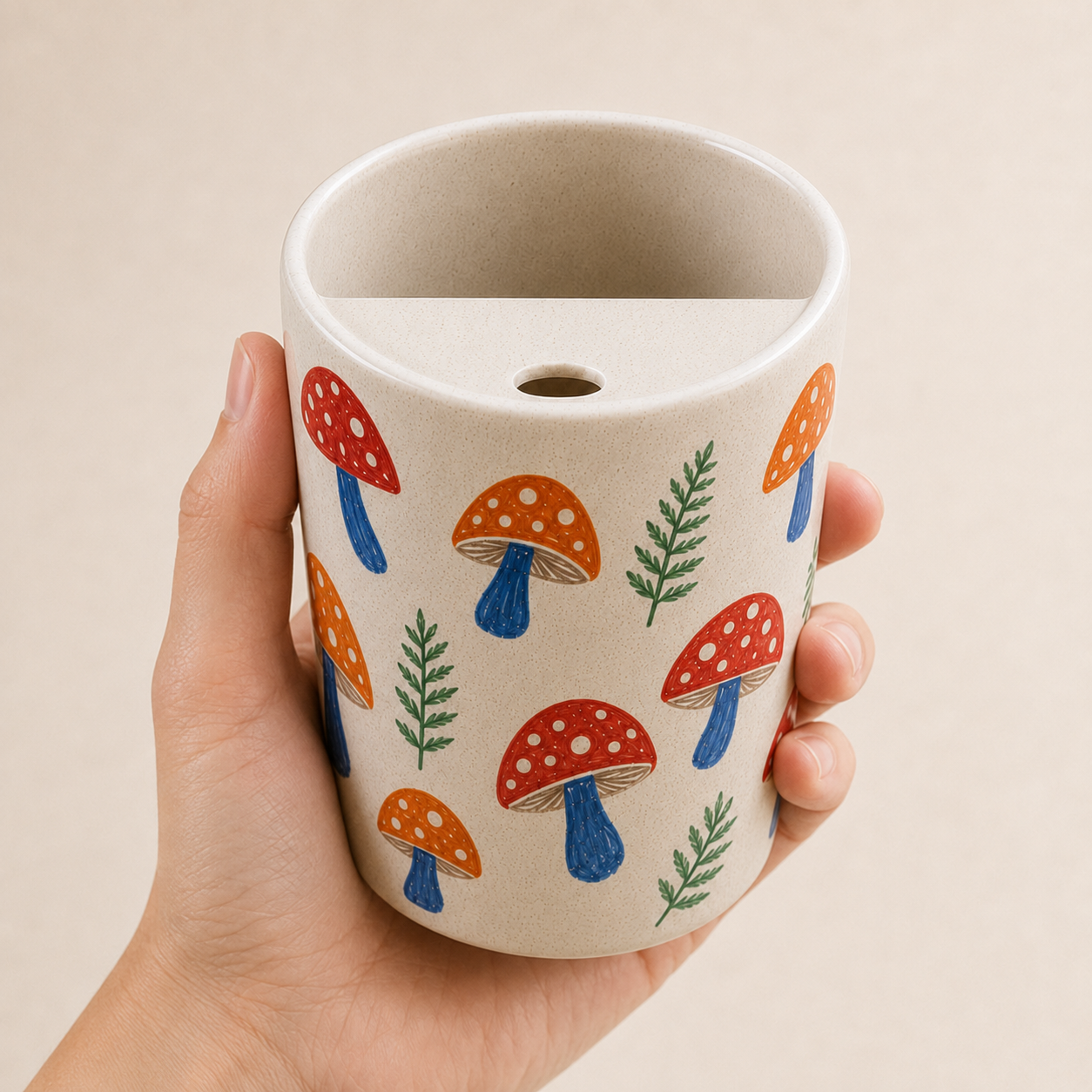 Sunny Mushroom Meadow Ceramic Travel Mug