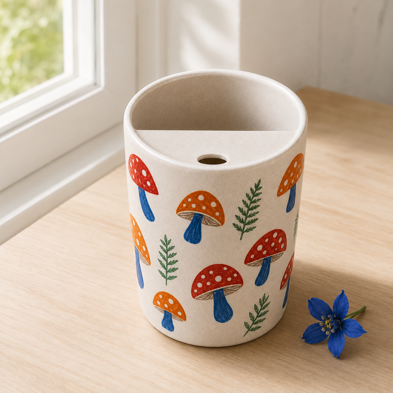 Sunny Mushroom Meadow Ceramic Travel Mug