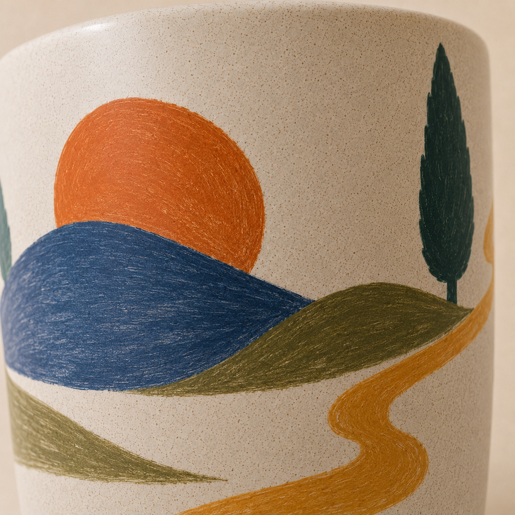 Folk Sunrise Hills Handmade Ceramic Travel Mug