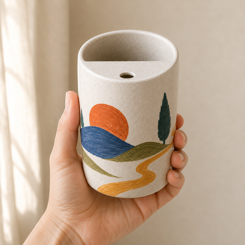 Folk Sunrise Hills Handmade Ceramic Travel Mug