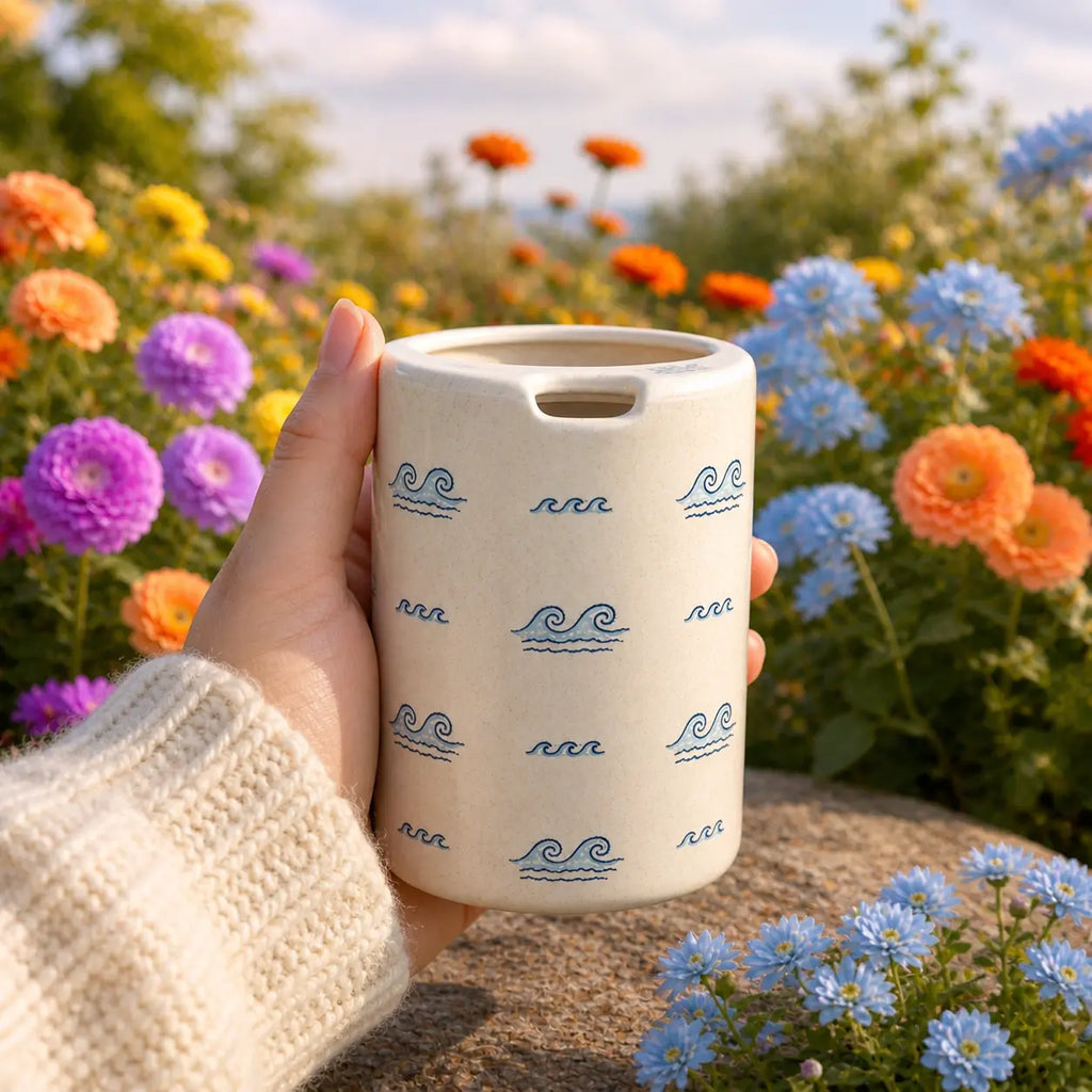 Handmade Ocean Wave Ceramic Spout Mug – Matte Coastal Aesthetic, Zen Pouring Pitcher Siporia