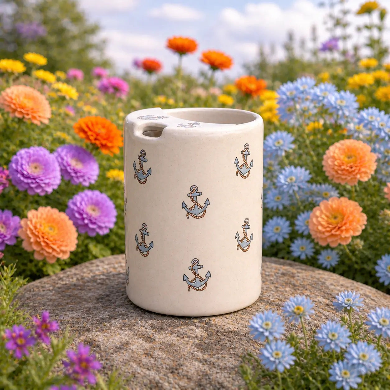 Handmade Nautical Anchor Ceramic Spout Mug – Matte Coastal Pouring Cup, Artisan Stoneware Pitcher Siporia