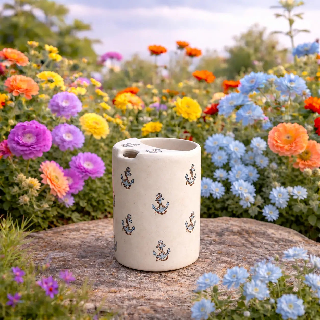 Handmade Nautical Anchor Ceramic Spout Mug – Matte Coastal Pouring Cup, Artisan Stoneware Pitcher Siporia