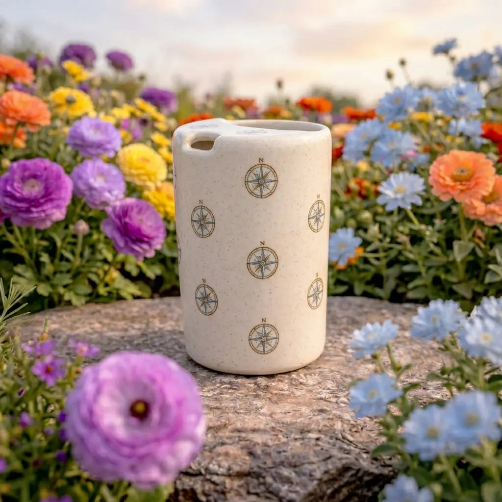 Handmade Compass Ceramic Spout Mug – Matte Explorer Aesthetic, Navigator Pouring Pitcher Siporia