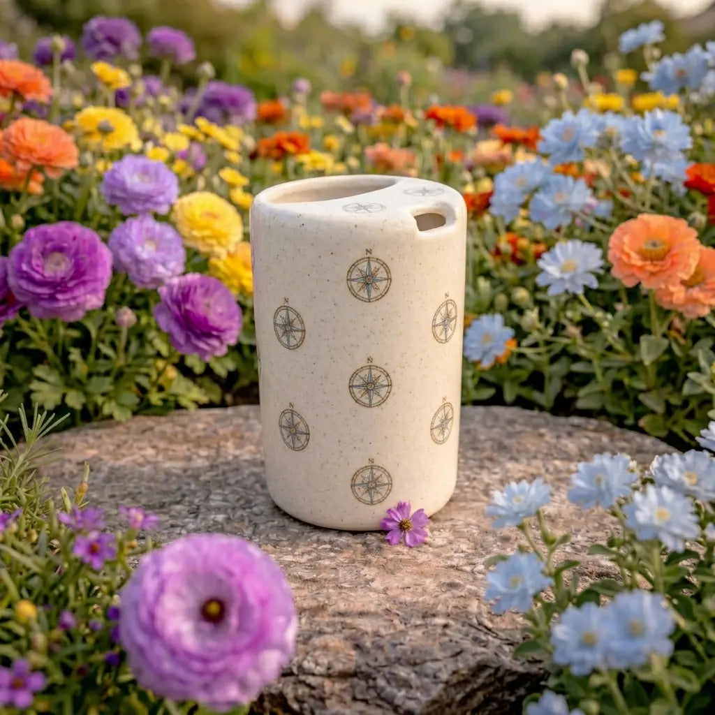 Handmade Compass Ceramic Spout Mug – Matte Explorer Aesthetic, Navigator Pouring Pitcher Siporia