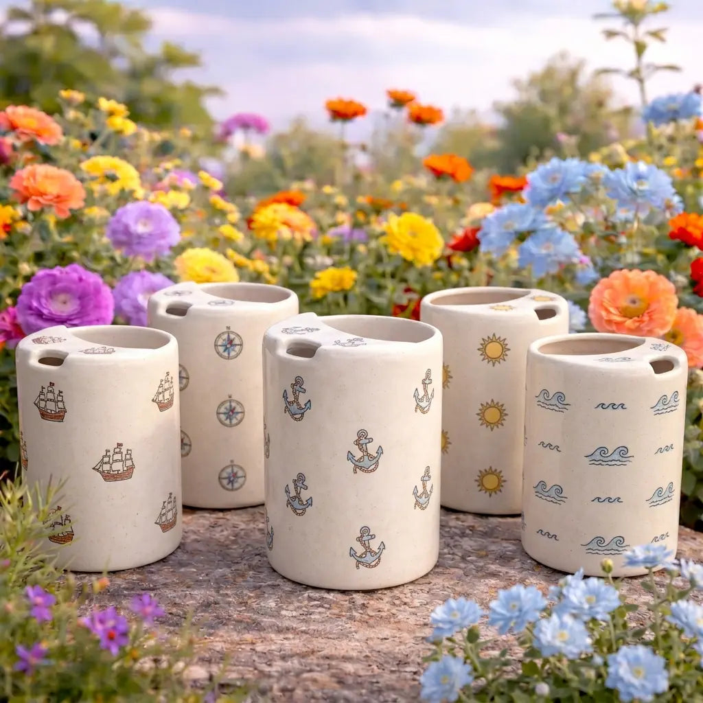 Handmade Compass Ceramic Spout Mug – Matte Explorer Aesthetic, Navigator Pouring Pitcher Siporia