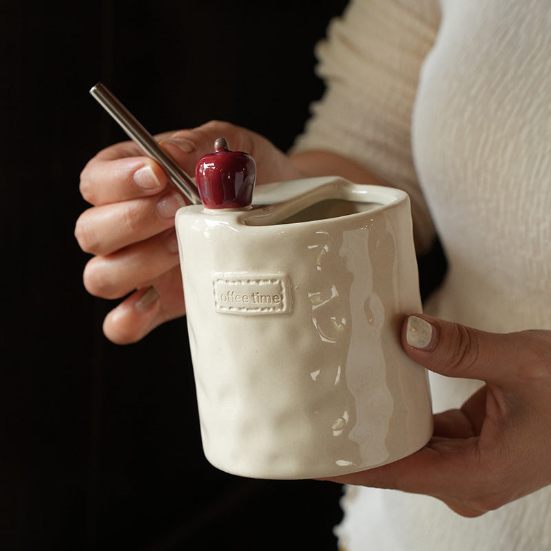 Handcrafted Apple Ceramic Mug with Straw Holder | Coffee Time Mug | Cute Cottagecore Drink Cup