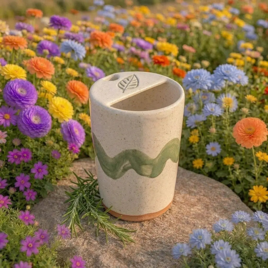 Handmade Wavy Botanical Ceramic Mug | Minimalist Artisan Coffee Cup Siporia