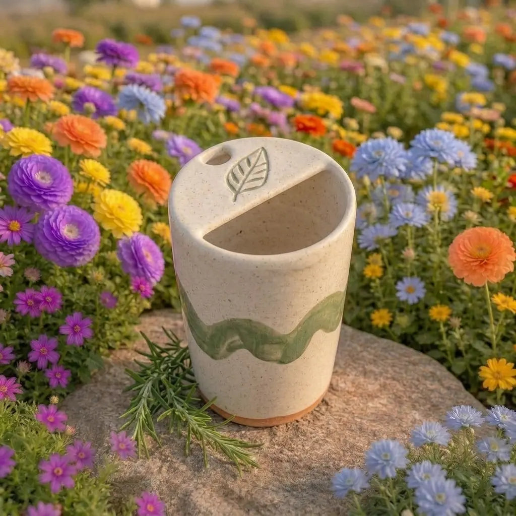 Handmade Wavy Botanical Ceramic Mug | Minimalist Artisan Coffee Cup Siporia