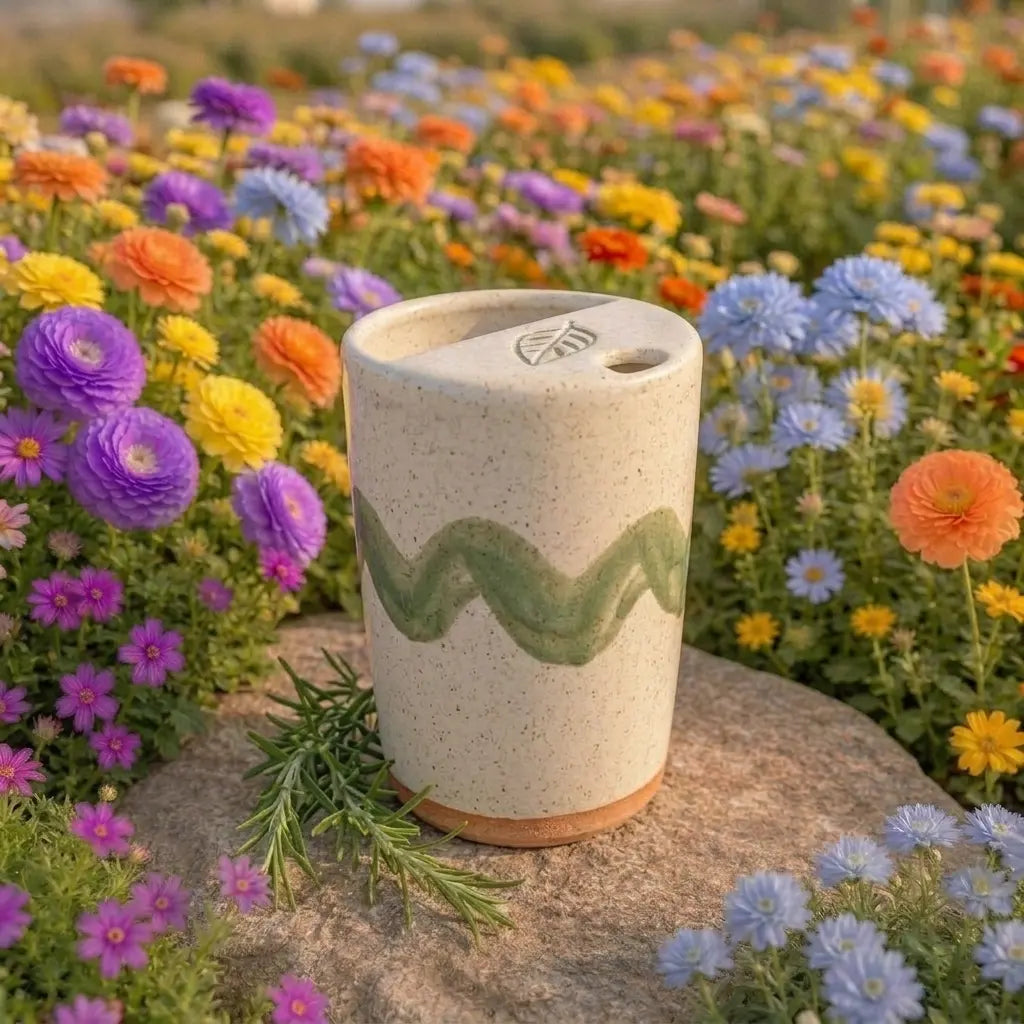 Handmade Wavy Botanical Ceramic Mug | Minimalist Artisan Coffee Cup Siporia