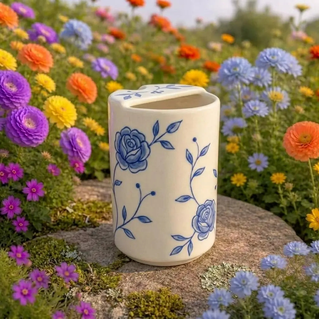 Handmade Blue Floral Ceramic Mug – Cottagecore Coffee Cup, Vintage Botanical Tea Mug Siporia