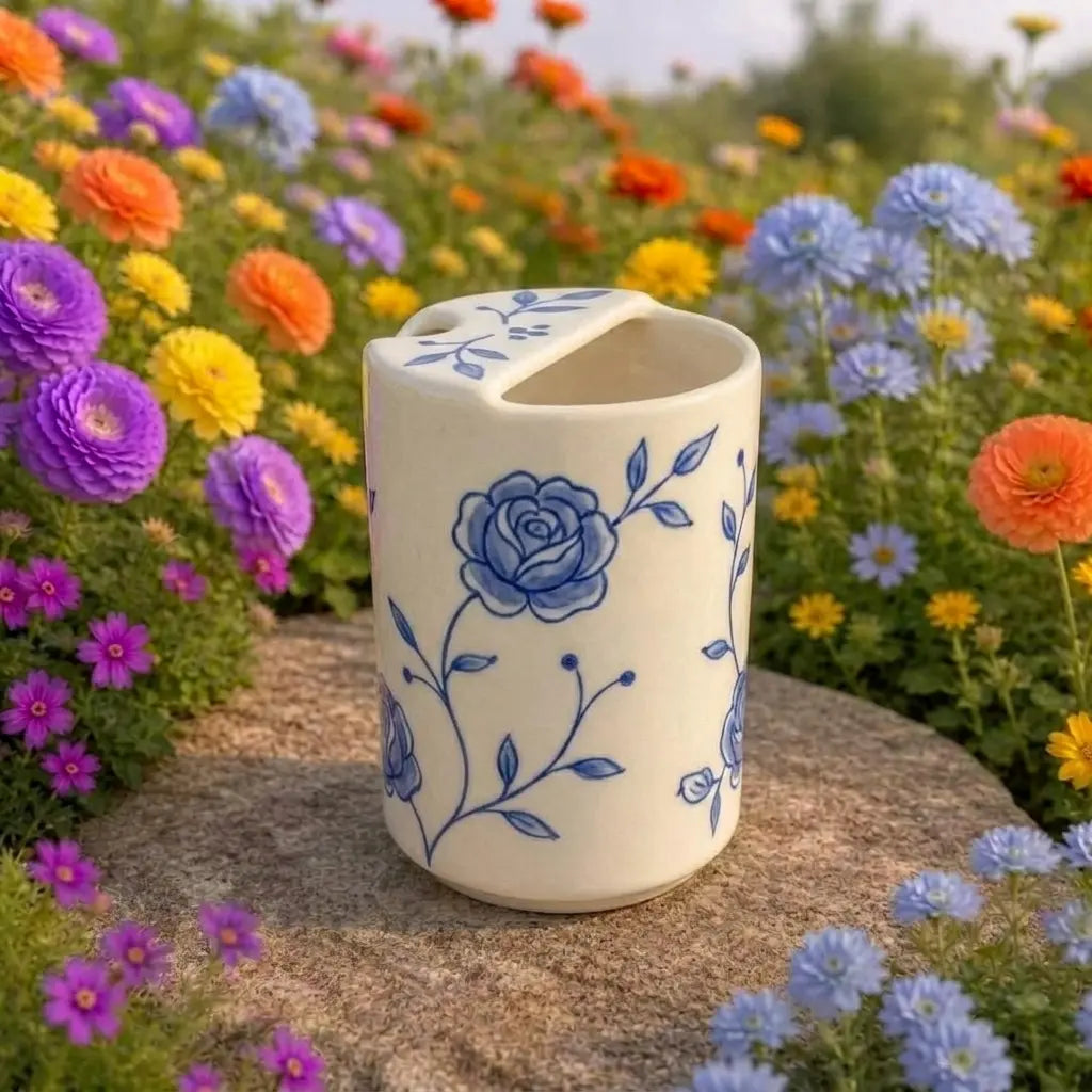 Handmade Blue Floral Ceramic Mug – Cottagecore Coffee Cup, Vintage Botanical Tea Mug Siporia