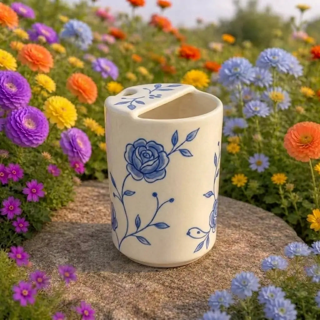 Handmade Blue Floral Ceramic Mug – Cottagecore Coffee Cup, Vintage Botanical Tea Mug Siporia