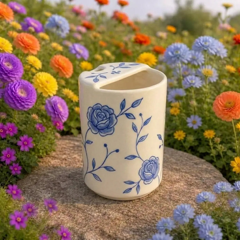Handmade Blue Floral Ceramic Mug – Cottagecore Coffee Cup, Vintage Botanical Tea Mug Siporia