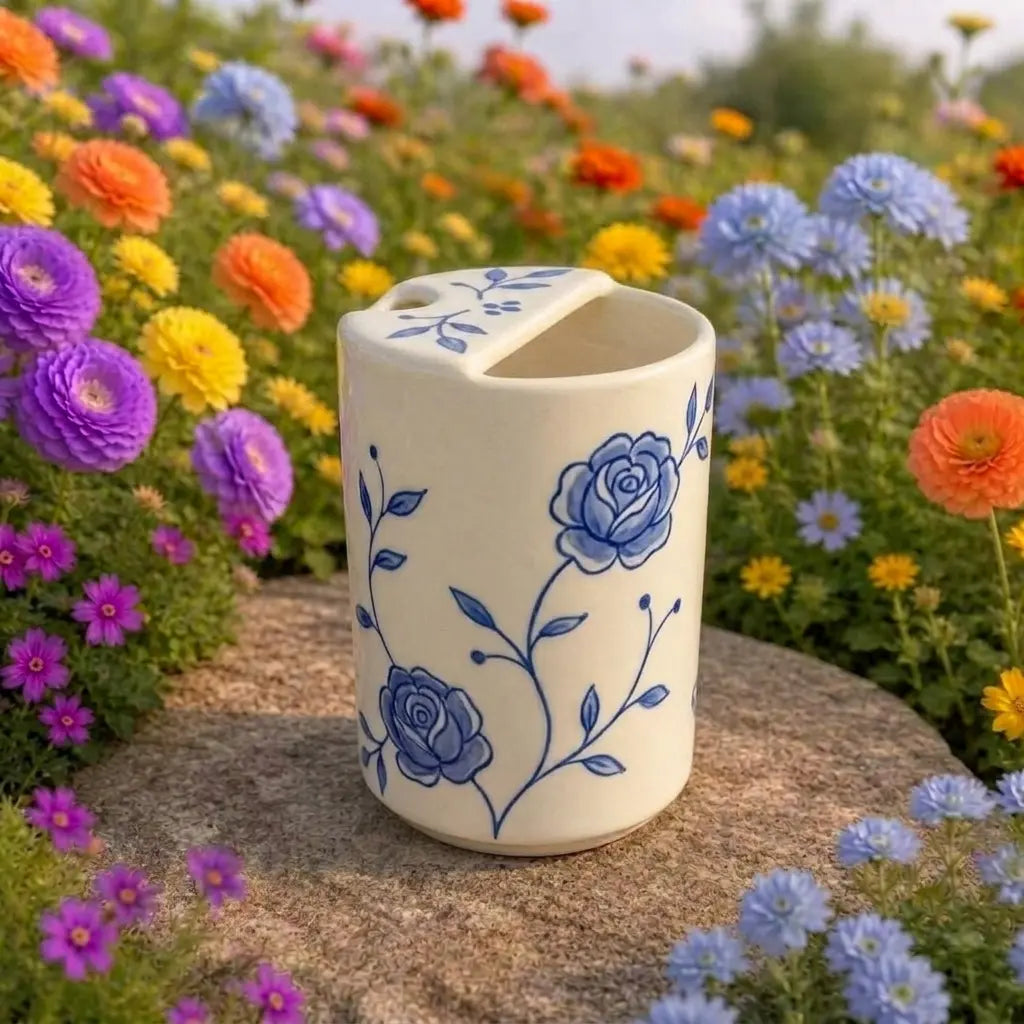 Handmade Blue Floral Ceramic Mug – Cottagecore Coffee Cup, Vintage Botanical Tea Mug Siporia
