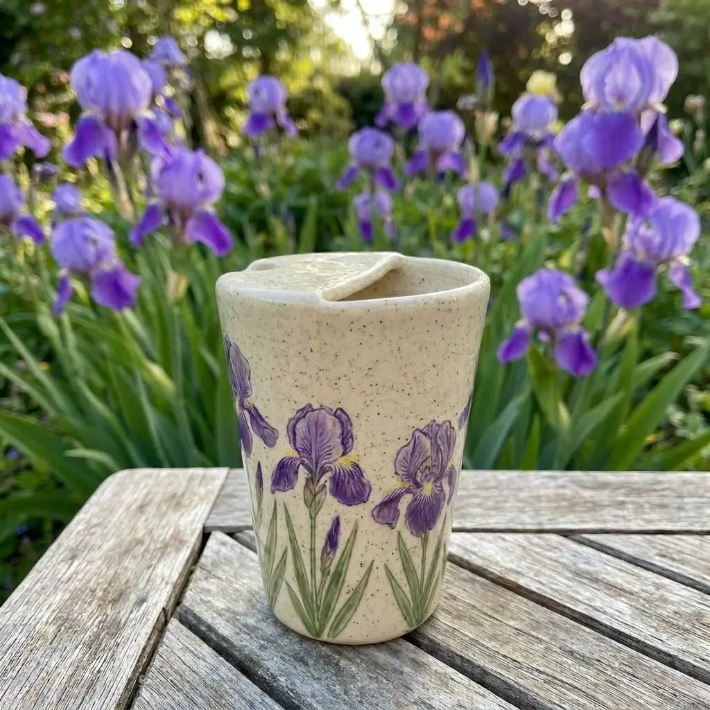 Lavender Ceramic Travel Mug with Spout – Handmade Floral Coffee Tumbler, Leak-Free Sip Cup, Gift for Her Siporia