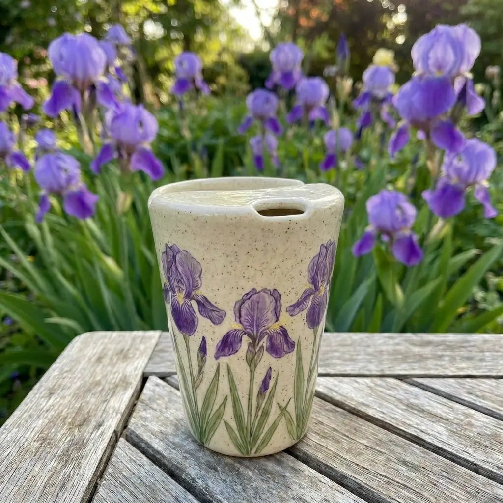 Lavender Ceramic Travel Mug with Spout – Handmade Floral Coffee Tumbler, Leak-Free Sip Cup, Gift for Her Siporia