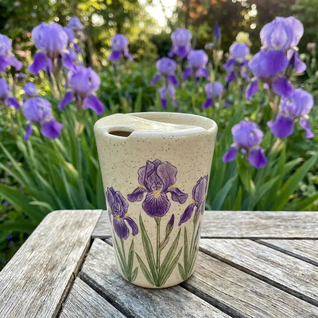 Lavender Ceramic Travel Mug with Spout – Handmade Floral Coffee Tumbler, Leak-Free Sip Cup, Gift for Her Siporia