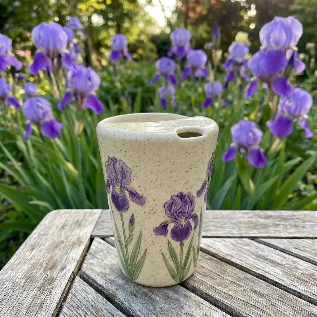 Lavender Ceramic Travel Mug with Spout – Handmade Floral Coffee Tumbler, Leak-Free Sip Cup, Gift for Her Siporia