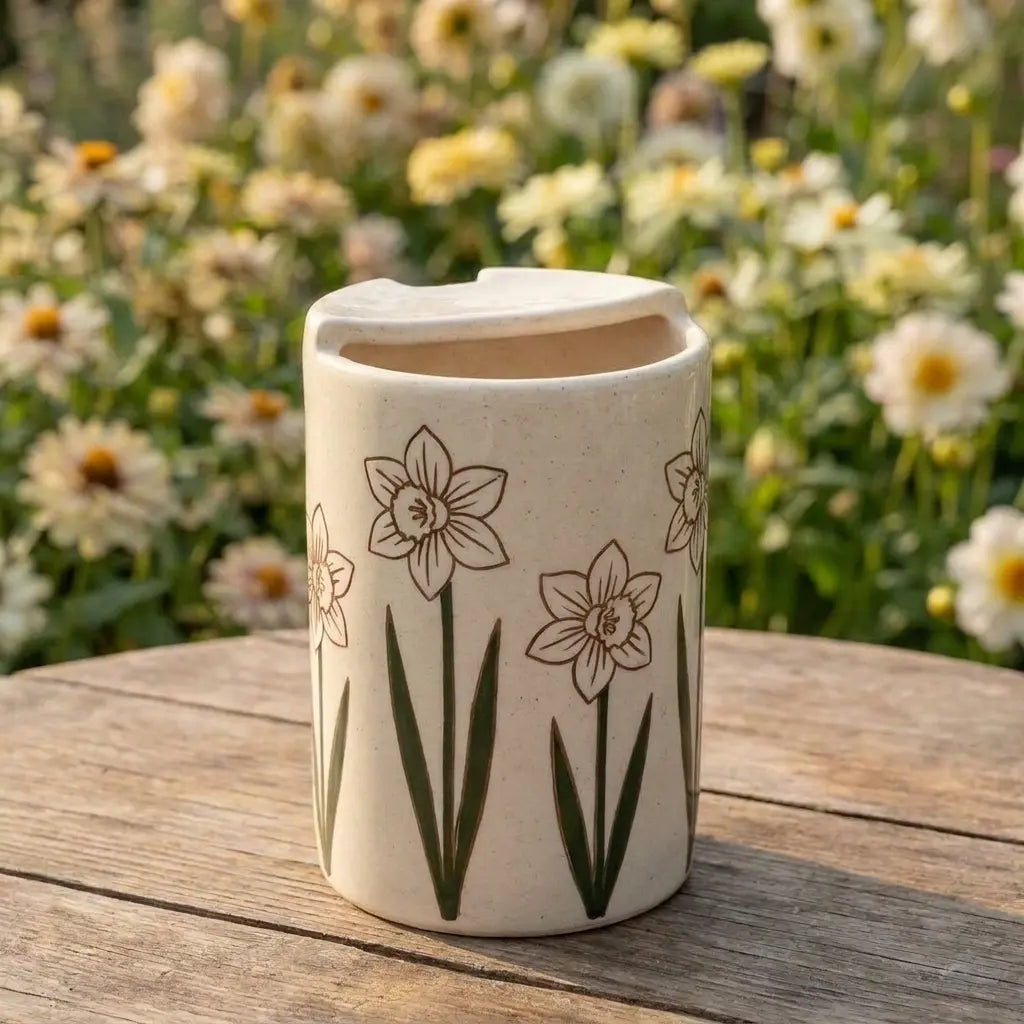 Minimalist Tulip Ceramic Travel Mug – Handmade Floral Coffee Tumbler, Aesthetic Sip Cup, Unique Gift Siporia
