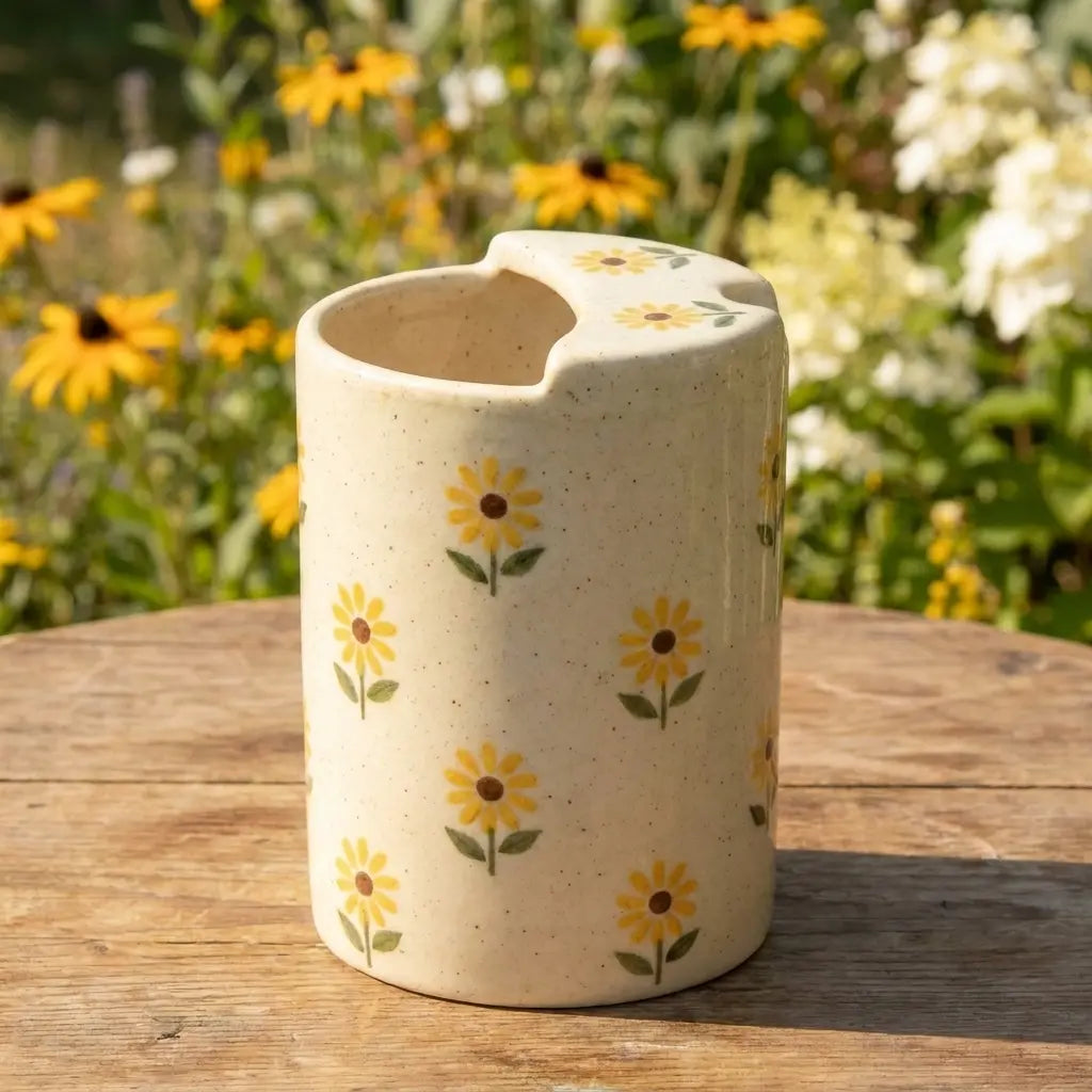 Sunflower Ceramic Travel Mug with Spout – Handmade Floral Coffee Tumbler, Leak-Free Sip Cup, Aesthetic Gift for Her Siporia