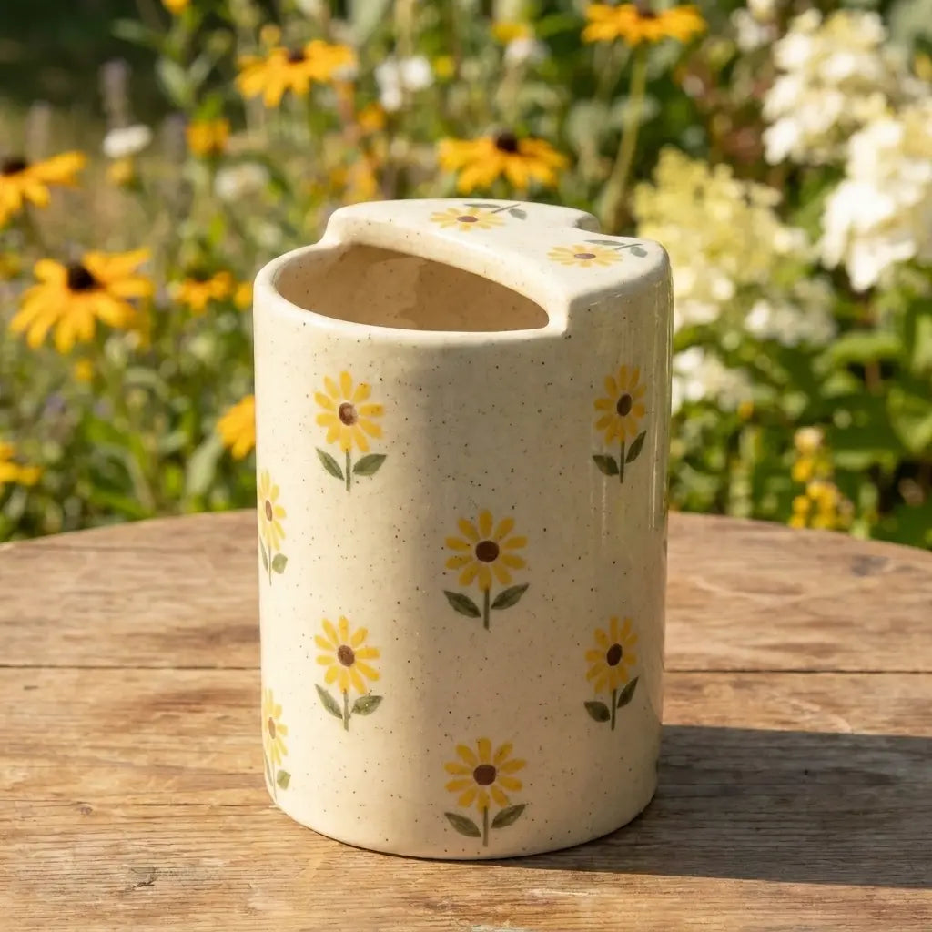 Sunflower Ceramic Travel Mug with Spout – Handmade Floral Coffee Tumbler, Leak-Free Sip Cup, Aesthetic Gift for Her Siporia