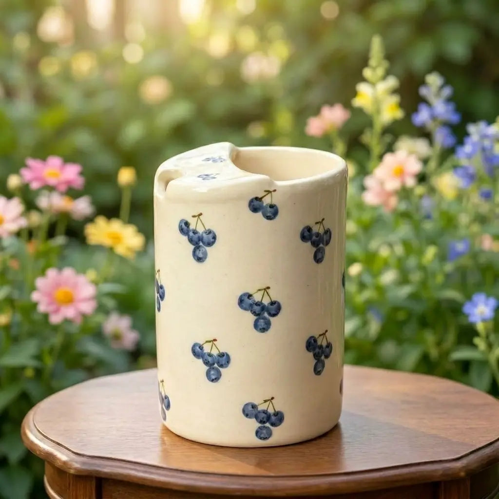 Cherry Print Ceramic Travel Mug with Spout – Handmade Coffee Tumbler, Leak-Free Sip Cup, Cute Gift for Her Siporia