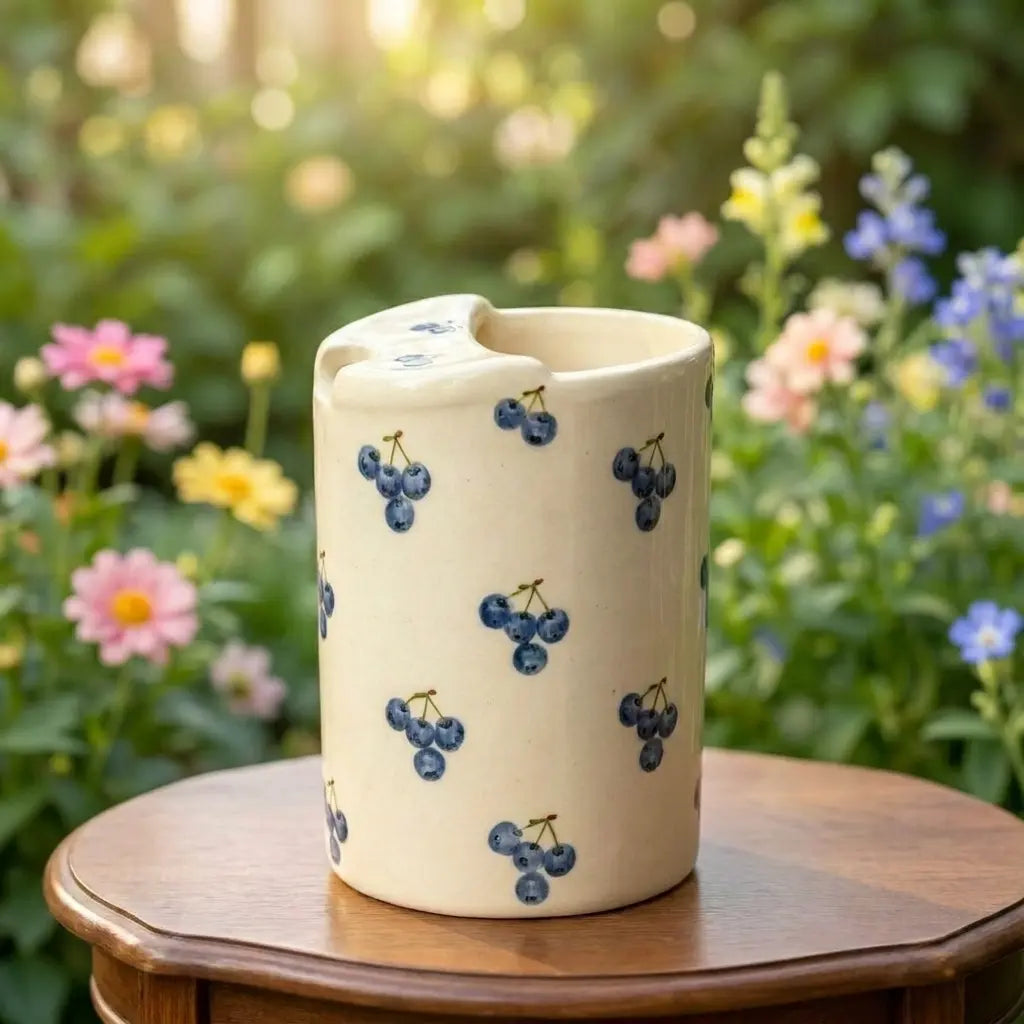 Cherry Print Ceramic Travel Mug with Spout – Handmade Coffee Tumbler, Leak-Free Sip Cup, Cute Gift for Her Siporia