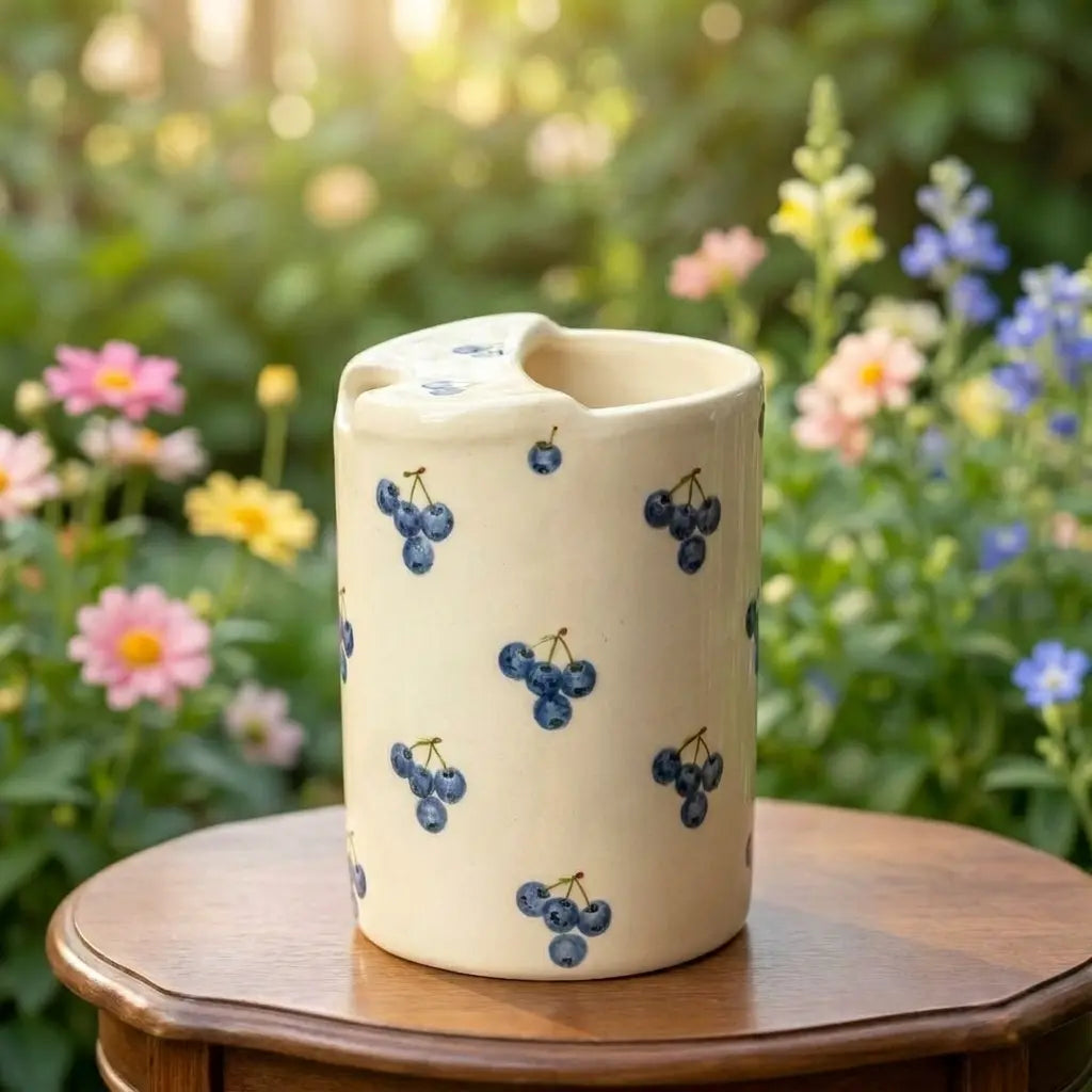 Cherry Print Ceramic Travel Mug with Spout – Handmade Coffee Tumbler, Leak-Free Sip Cup, Cute Gift for Her Siporia