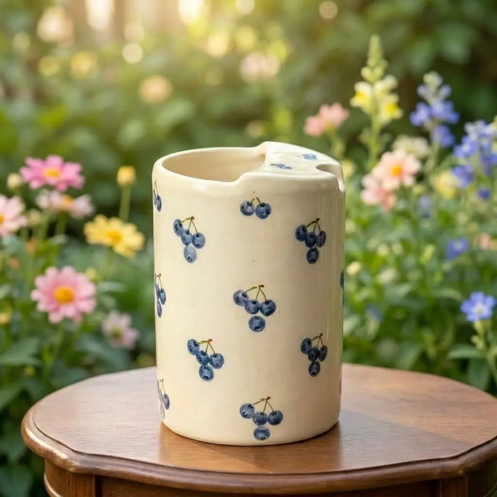 Cherry Print Ceramic Travel Mug with Spout – Handmade Coffee Tumbler, Leak-Free Sip Cup, Cute Gift for Her Siporia
