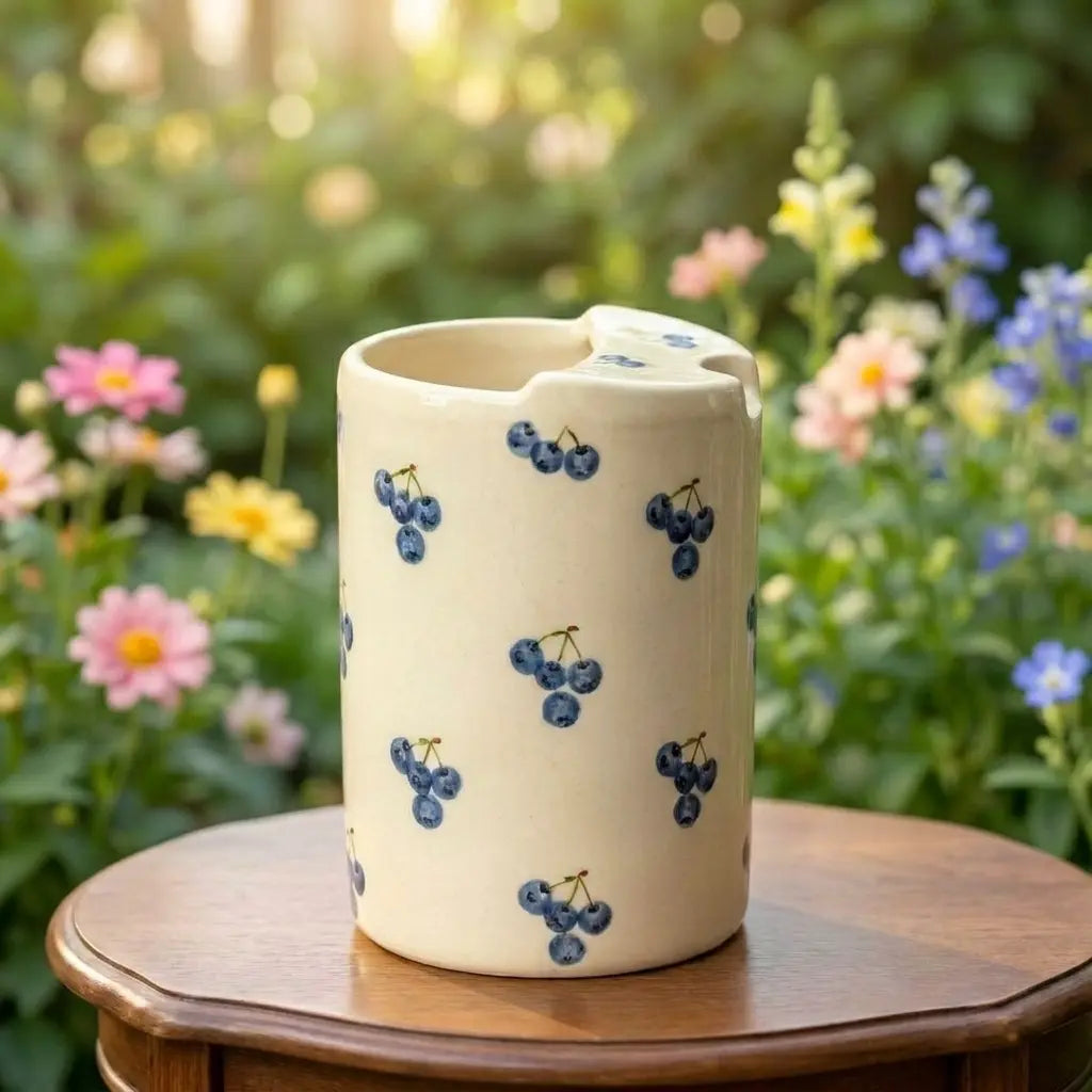 Cherry Print Ceramic Travel Mug with Spout – Handmade Coffee Tumbler, Leak-Free Sip Cup, Cute Gift for Her Siporia