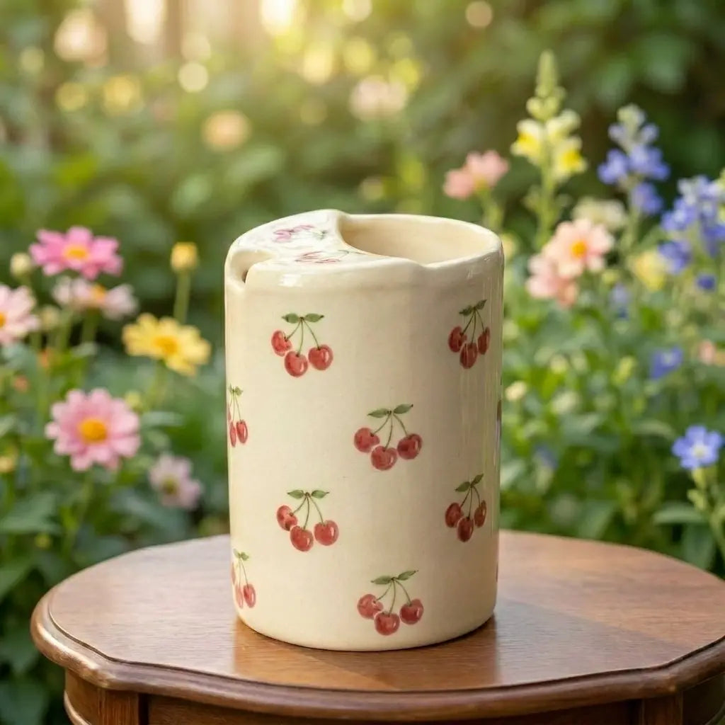 Cherry Ceramic Travel Mug – Handmade Cute Coffee Tumbler, Aesthetic Fruit Mug, Gift for Her Siporia