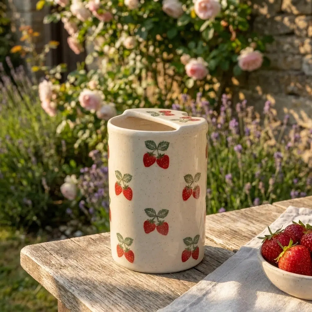 Strawberry Ceramic Travel Mug with Spout – Handmade Cute Coffee Tumbler, Leak-Free Sip Cup, Aesthetic Gift for Her Siporia