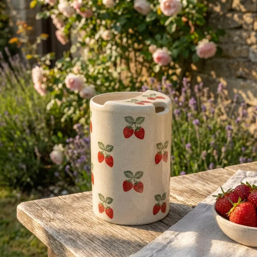 Strawberry Ceramic Travel Mug with Spout – Handmade Cute Coffee Tumbler, Leak-Free Sip Cup, Aesthetic Gift for Her Siporia