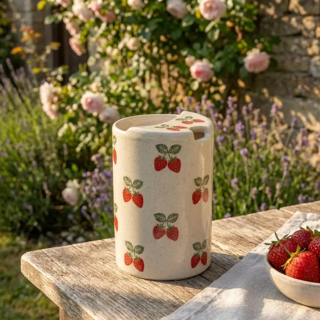 Strawberry Ceramic Travel Mug with Spout – Handmade Cute Coffee Tumbler, Leak-Free Sip Cup, Aesthetic Gift for Her Siporia