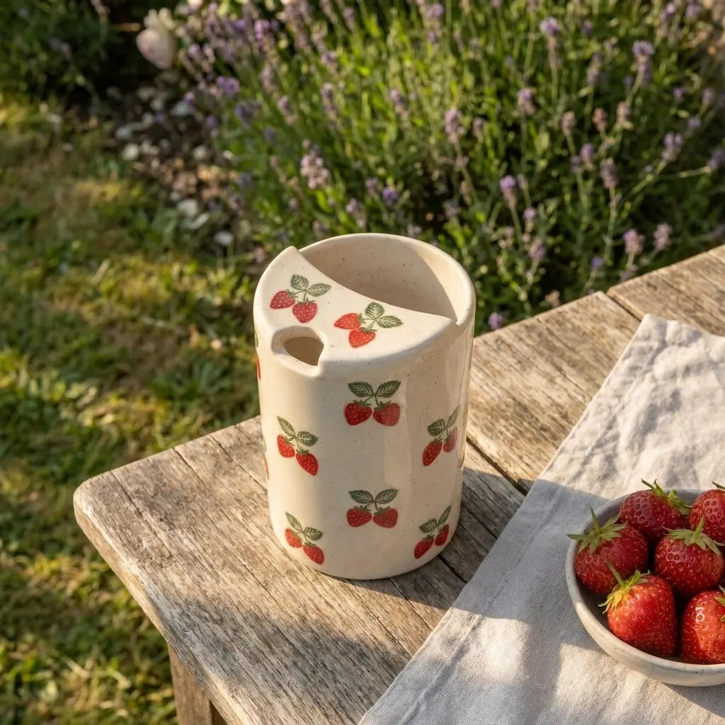 Strawberry Ceramic Travel Mug with Spout – Handmade Cute Coffee Tumbler, Leak-Free Sip Cup, Aesthetic Gift for Her Siporia