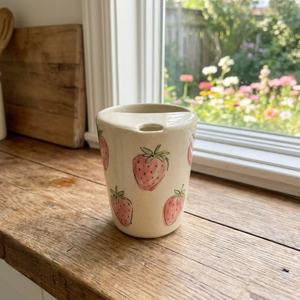 Strawberry Ceramic Travel Mug – Handmade Cute Coffee Tumbler, Aesthetic Fruit Mug, Gift for Her Siporia