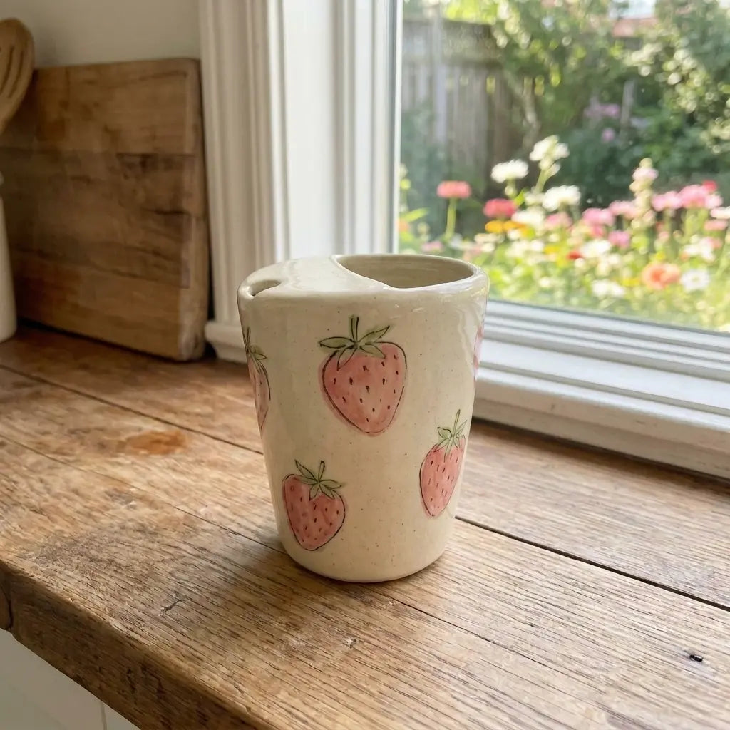 Strawberry Ceramic Travel Mug – Handmade Cute Coffee Tumbler, Aesthetic Fruit Mug, Gift for Her Siporia