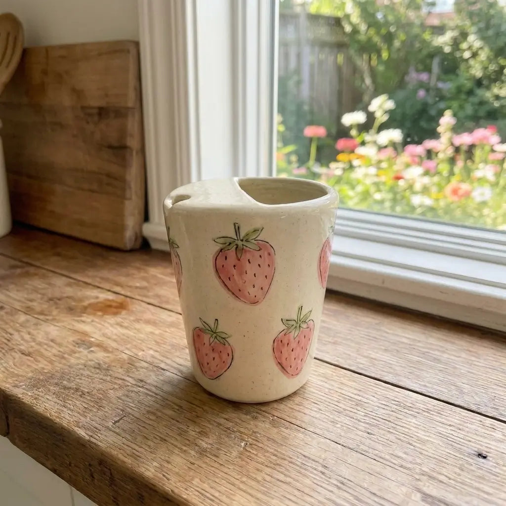 Strawberry Ceramic Travel Mug – Handmade Cute Coffee Tumbler, Aesthetic Fruit Mug, Gift for Her Siporia