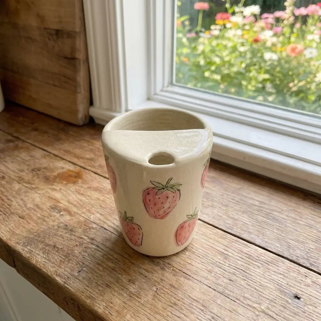 Strawberry Ceramic Travel Mug – Handmade Cute Coffee Tumbler, Aesthetic Fruit Mug, Gift for Her Siporia