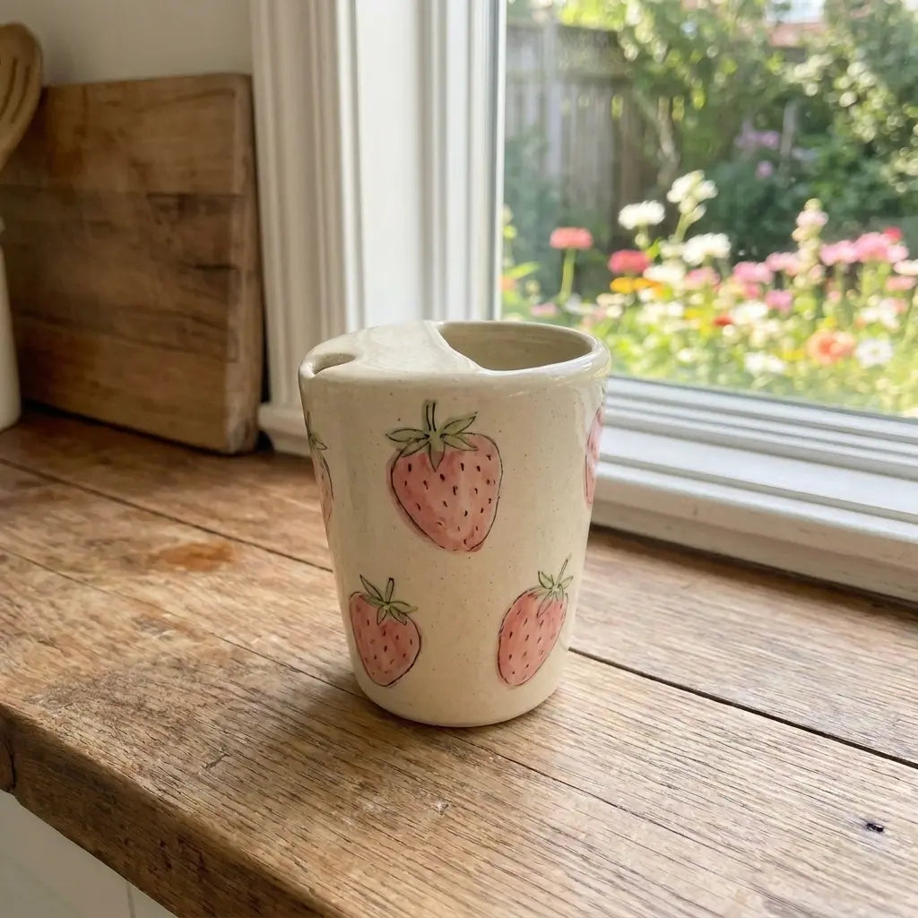 Strawberry Ceramic Travel Mug – Handmade Cute Coffee Tumbler, Aesthetic Fruit Mug, Gift for Her Siporia